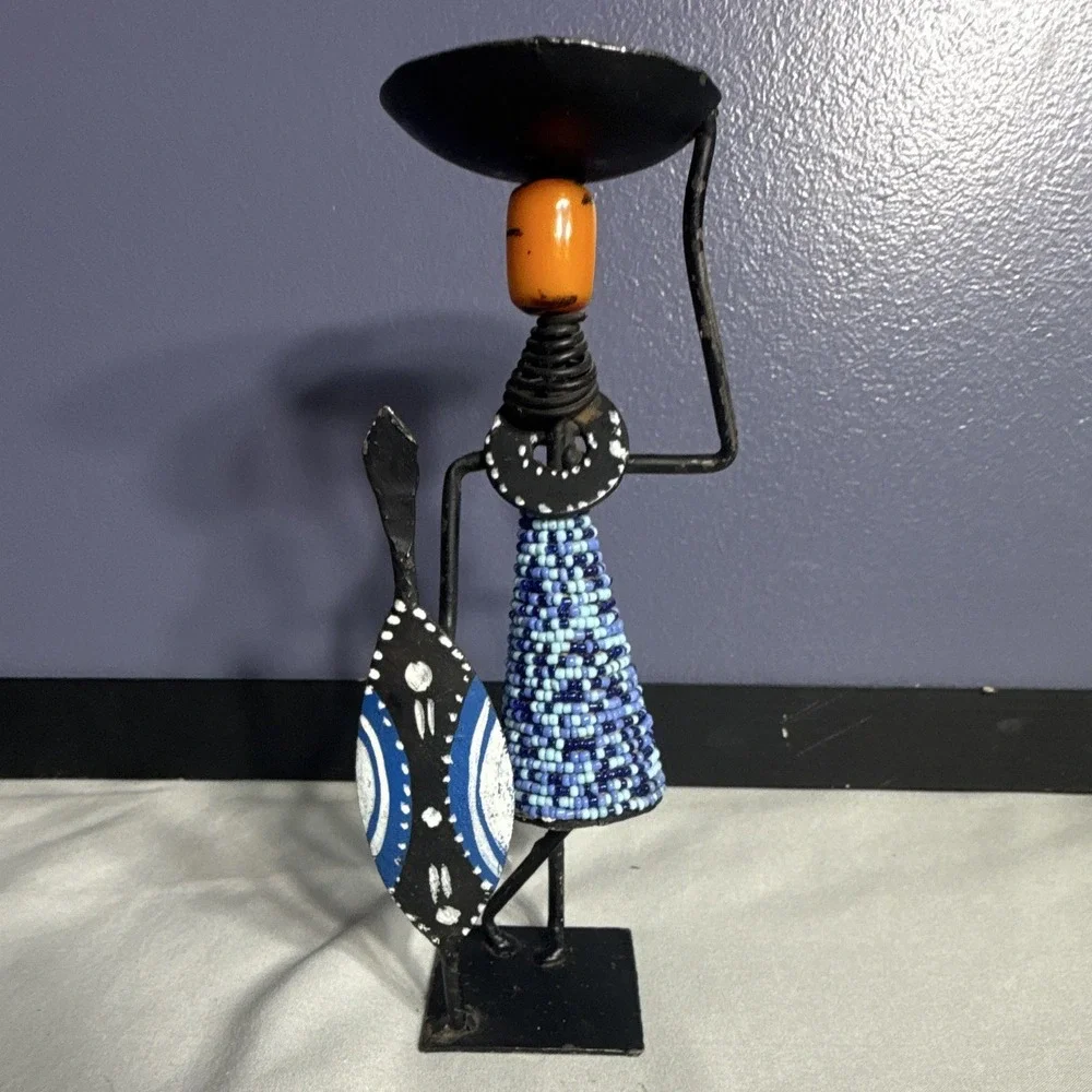African Style Figure Candle Holder, Hand-Painted Geometric Metal, 10 in